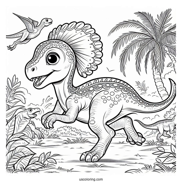 Young Parasaurolophus Coloring Page Running With Other Dinosaurs