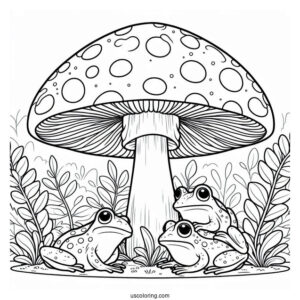 Frogs Sheltering Under A Mushroom Coloring Page