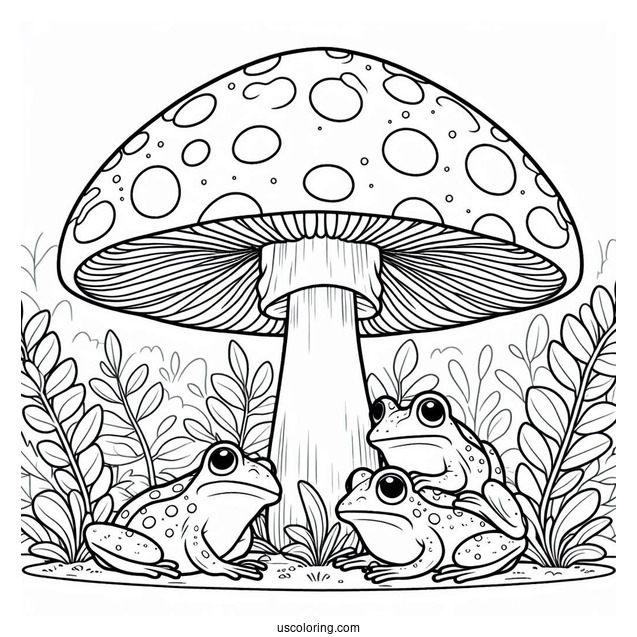 Frogs Sheltering Under A Mushroom Coloring Page