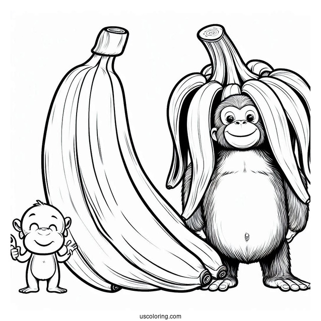 Massive Banana Coloring Page Beside A Small Monkey