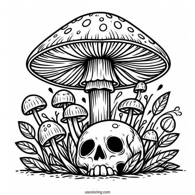 Mushroom Coloring Page Growing Around A Skull