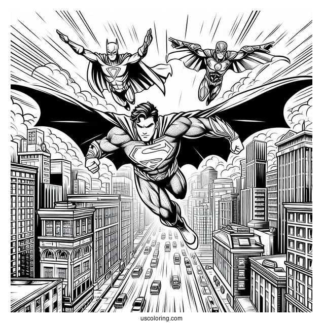 Justice League Coloring Page Flying In The City