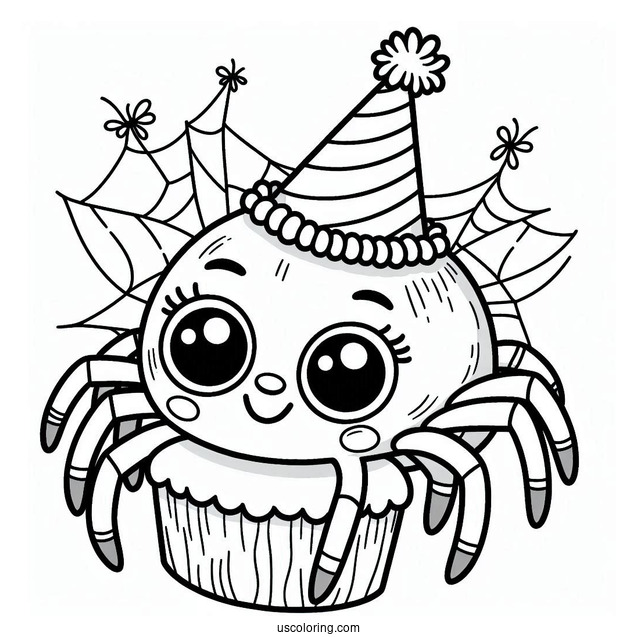 Cartoon Spider Wearing A Birthday Hat Coloring Sheet