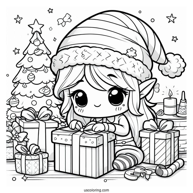 Festive Chibi Coloring Page Elf Wrapping Presents in a Christmas Workshop