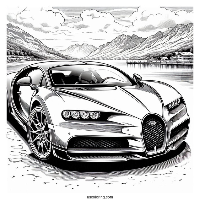 Close Up Of Bugatti Coloring Page Chiron With Mountains In Background