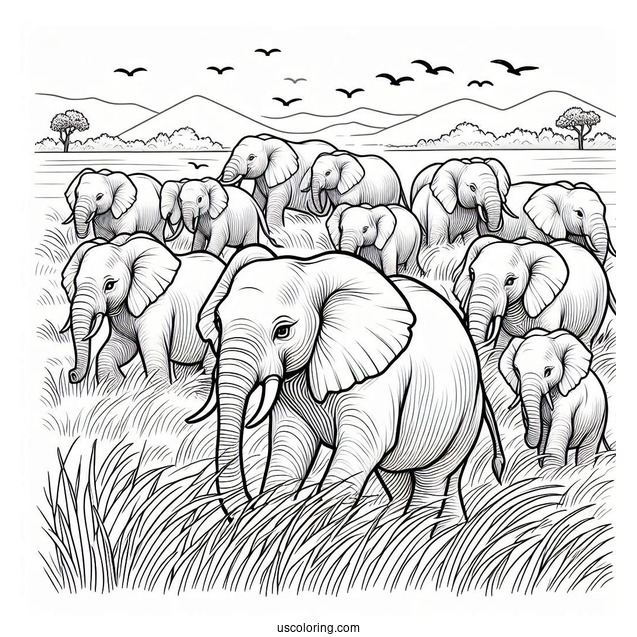 Herd Of Elephants On The Plains Coloring