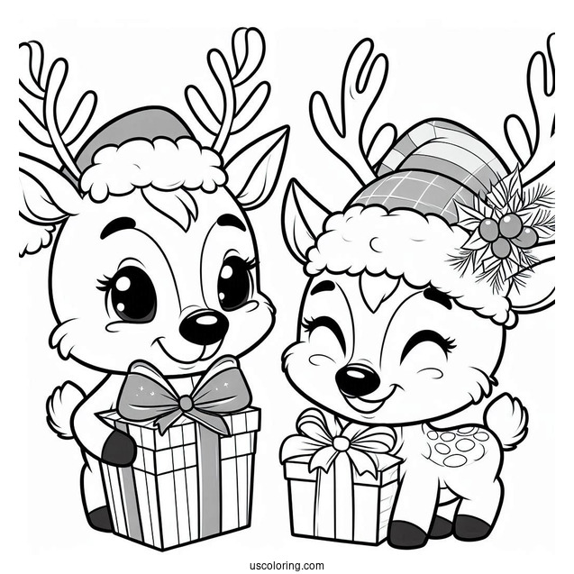 Happy Reindeer Holding a Christmas Gift To Color