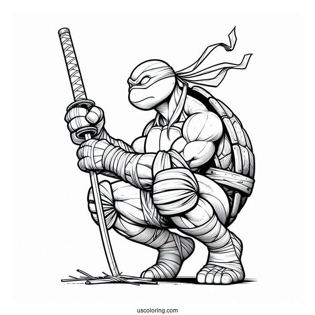 Ninja Turtles Coloring Page Of Leonardo Kneeling On Ground While Holding Katana