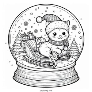 Santa Cat On A Sleigh Snow Globe Coloring Page