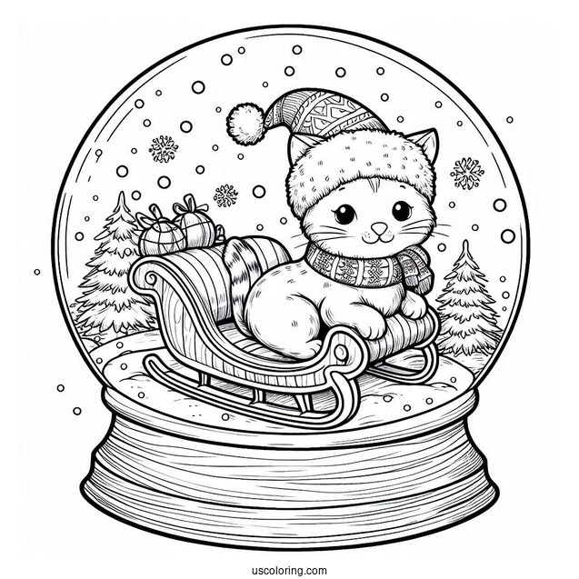 Santa Cat On A Sleigh Snow Globe Coloring Page