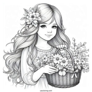 Realistic Little Girl Holding Basket Of Spring Coloring Page Flowers