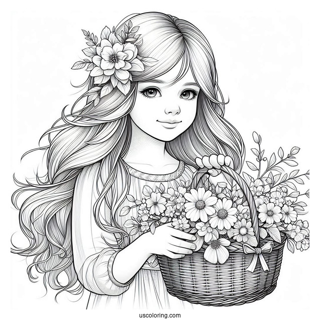 Realistic Little Girl Holding Basket Of Spring Coloring Page Flowers