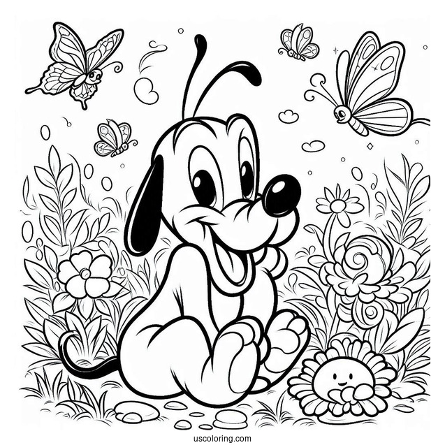 Pluto Coloring Page Sitting In Garden With Butterflies And Birds