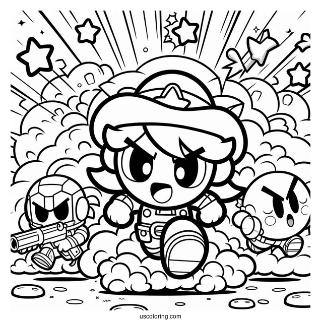 Brawl Stars Coloring Page Of Shelly, Colt, And Poco Running Away From Explosion