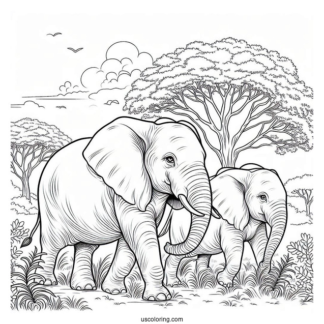 Two Elephants Walking In The Wild Coloring