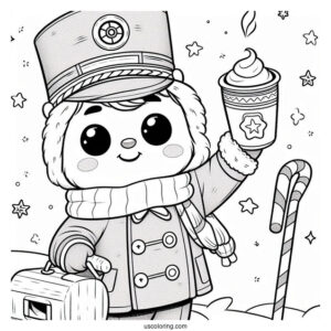 Polar Express Coloring Page Of Cartoon Conductor Holding A Cup Of Hot Coco For Kids
