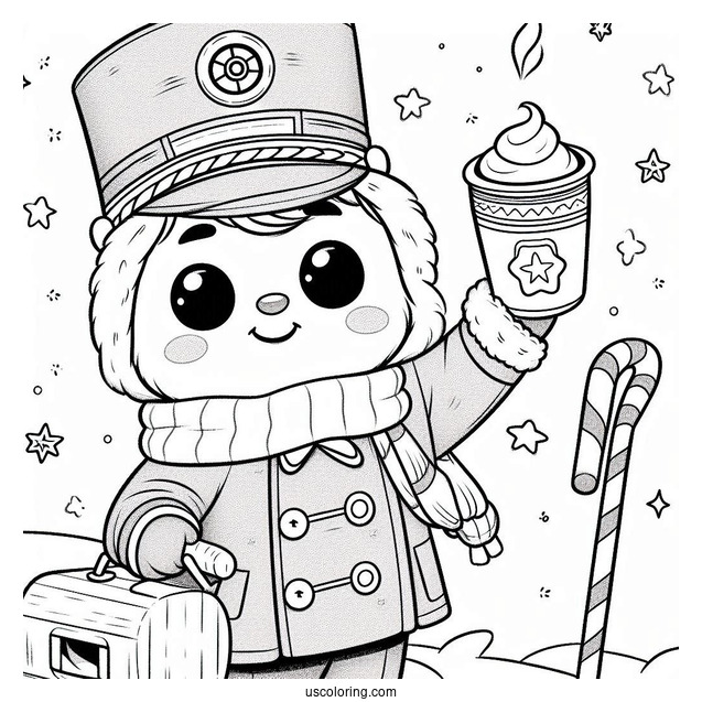 Polar Express Coloring Page Of Cartoon Conductor Holding A Cup Of Hot Coco For Kids