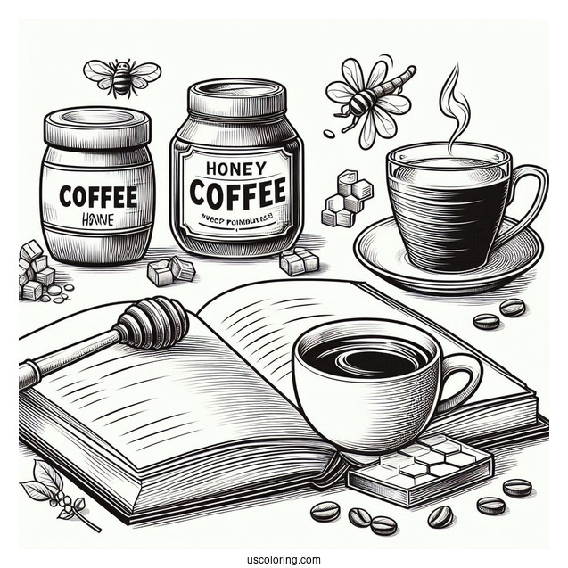 Coffee Coloring Pages Of Cup Next To Honey Jar, Signage, And Open Book