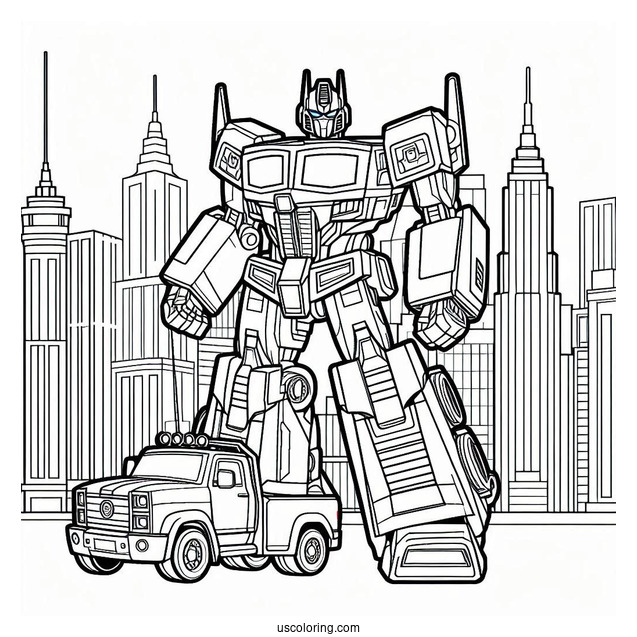 Cartoon Optimus Prime Coloring Page In The City