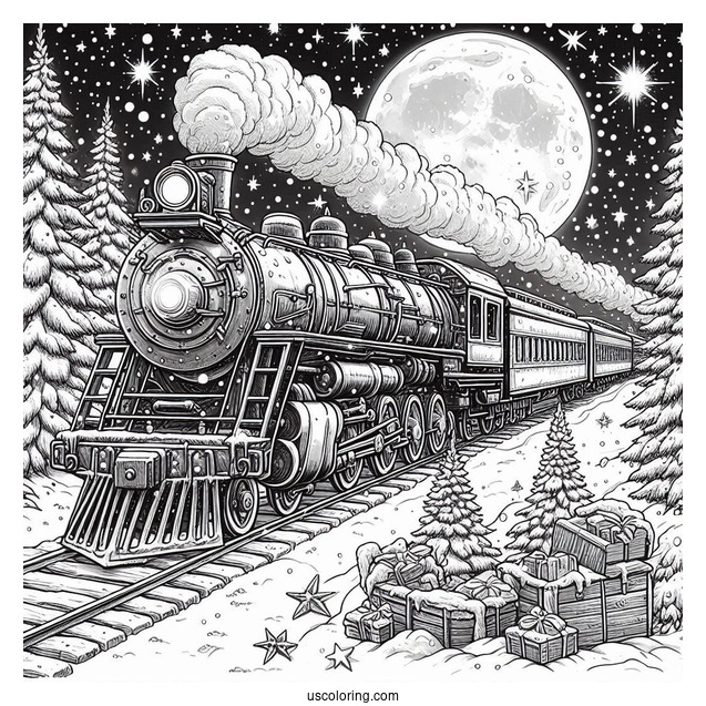 Detailed Polar Express Coloring Page Of Train In A Snowy Night