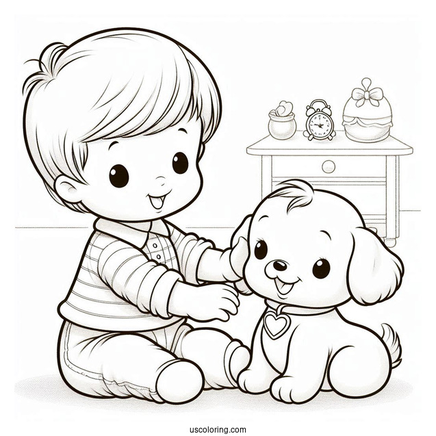Precious Moments Coloring Page Of Little Boy With Toy Dog For Kids