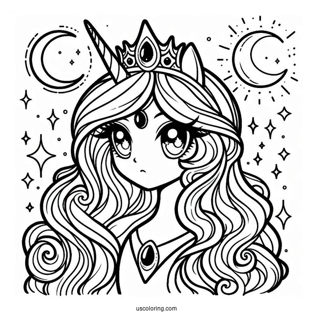 Pretty Princess Luna Coloring Page With Crown And Stars Behind Her