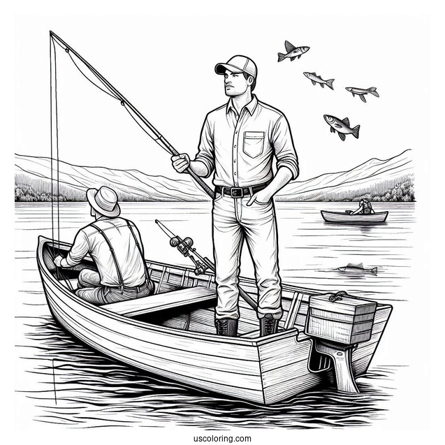 Realistic Man Standing In A Boat With Fishing Coloring Page Rod