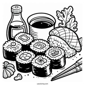 Cartoon Sushi Coloring Pages Variety, Wasabi, And Soy Sauce