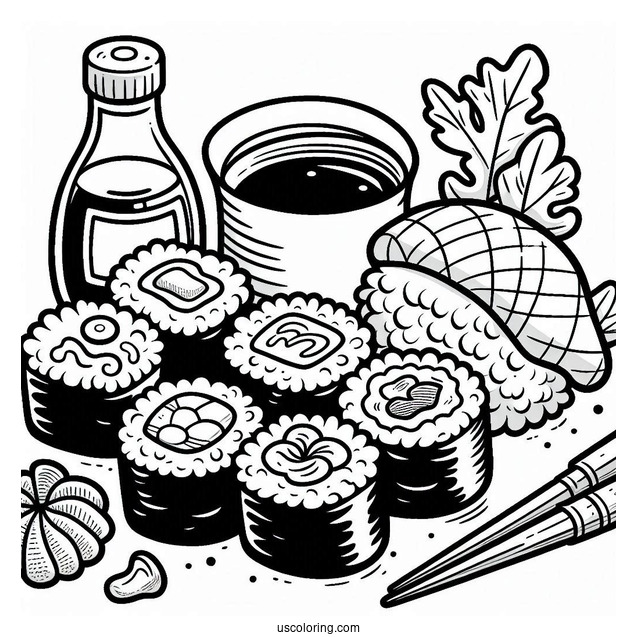 Cartoon Sushi Coloring Pages Variety, Wasabi, And Soy Sauce