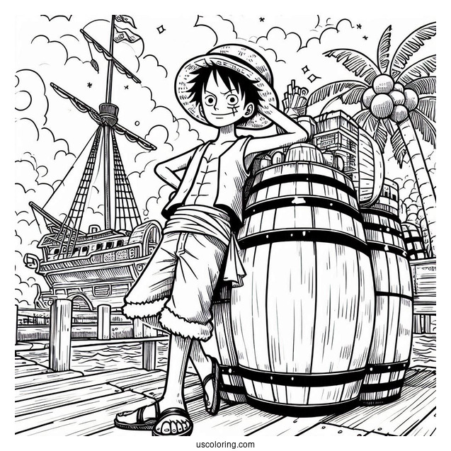Luffy Coloring Page Leaning On Barrels On Port