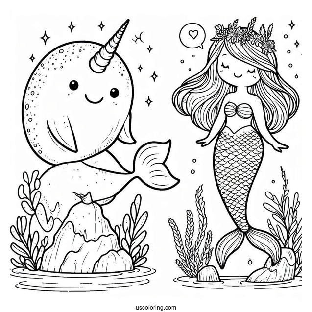 Narwhal Coloring Page And Mermaid Perched On A Rock For Kids