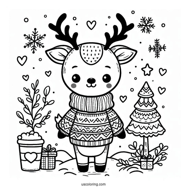 Baby Reindeer Wearing a Christmas Sweater To Color