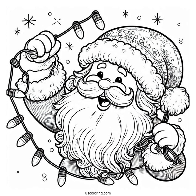 Jolly Santa Haning Up Christmas Lights To Color