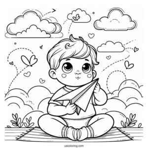 Easy Baby Coloring Page Holding A Paper Airplane