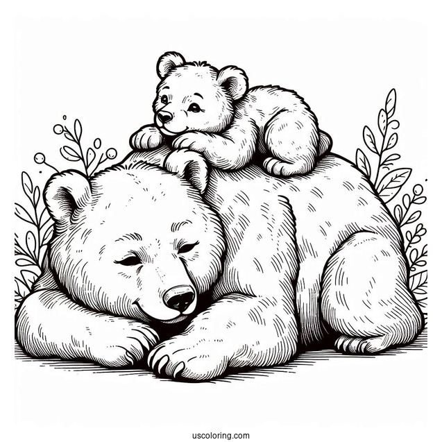 Bear Coloring Page Of Cub Lying On Top Of Mama Bear
