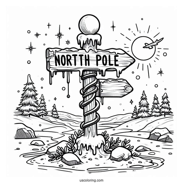 Simple North Pole Coloring Page Sign Post Covered In Ice