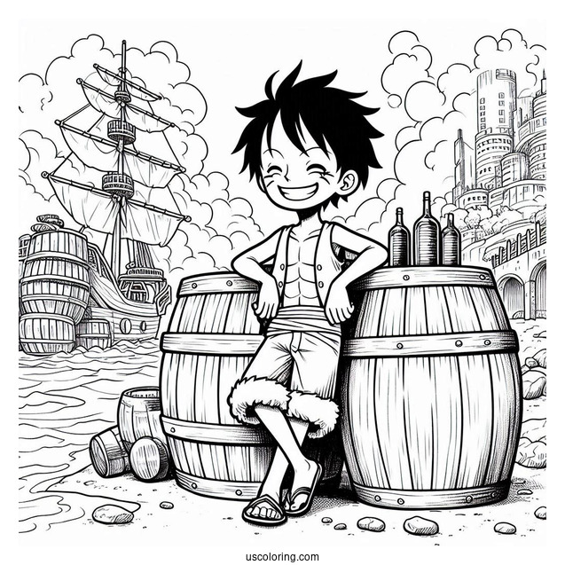 Luffy Coloring Page Leaning On Barrels On Port