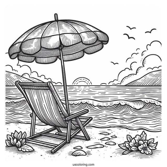 Beach Coloring Page Chair And Umbrella Facing The Sea