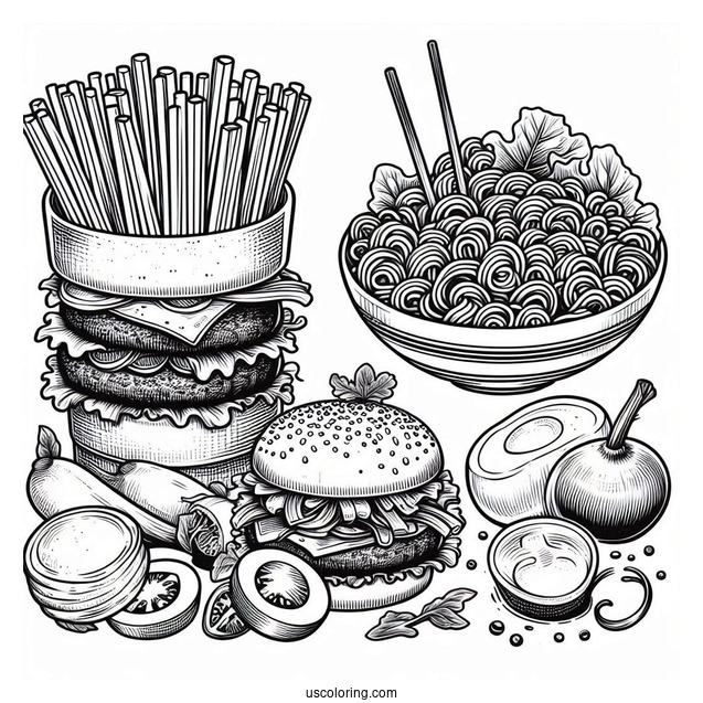 Burgers And Noodles Coloring Page