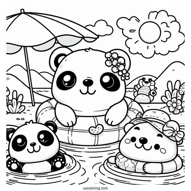 Summer Coloring Page Of Kawaii Bear, Panda, And Frog Floating In The Pool