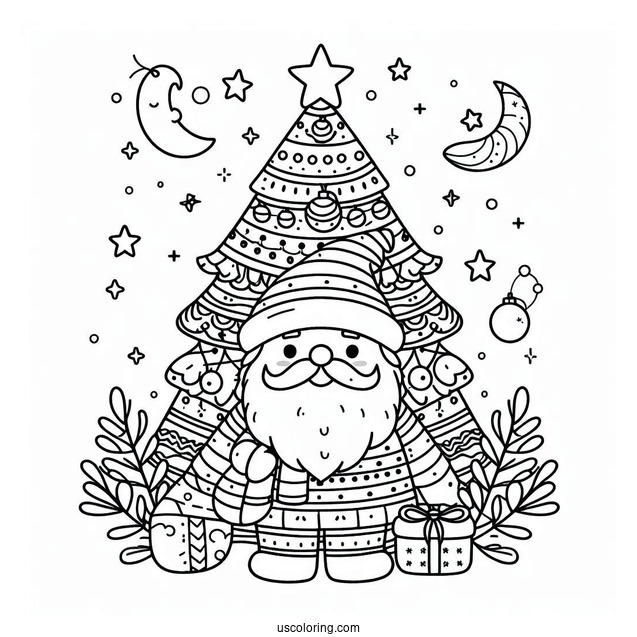 Santa Claus With Christmas Tree Coloring Page