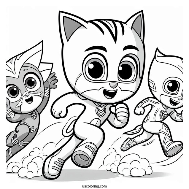 PJ Masks Coloring Page Of Owlette, Catboy, And Gekko Running Fast