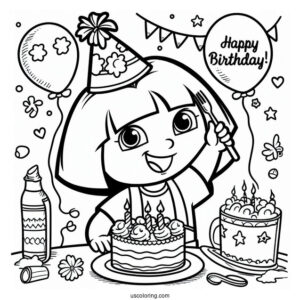 Dora Happy Birthday Coloring Page For Kids