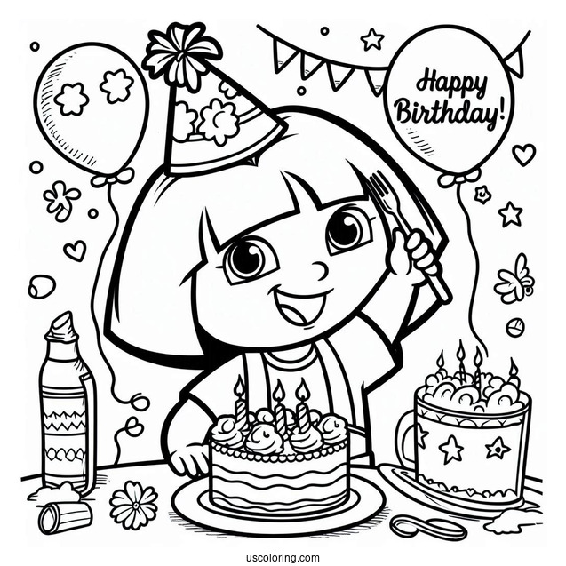 Dora Happy Birthday Coloring Page For Kids