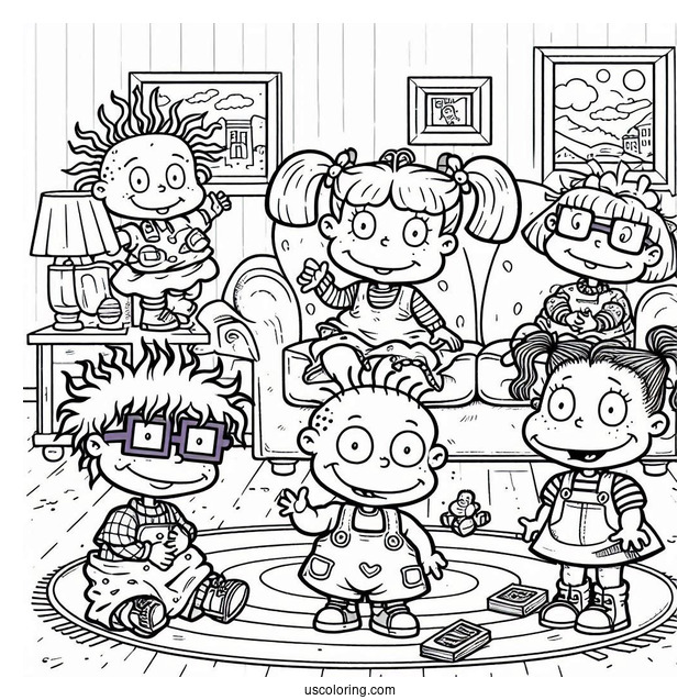 Rugrats Coloring Page Of Rugrats Tommy, Angelika, Chuckie, Susie, Lillian, And Philip In Living Room
