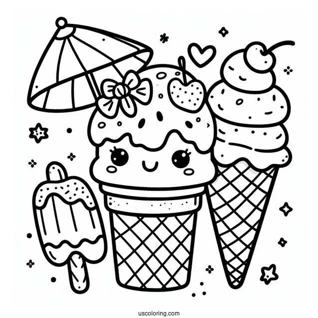 Summer Coloring Page Of Cute Ice Cream For Preschoolers