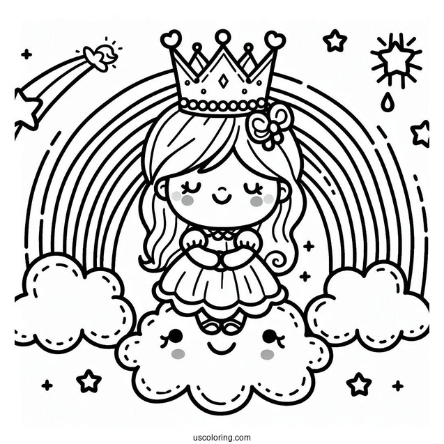 Happy Cloud Princess With Crown Coloring Page Under Rainbow and Stars