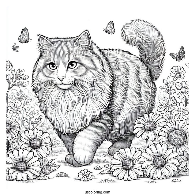 Siberian Cat Walking On Flower Field Coloring In