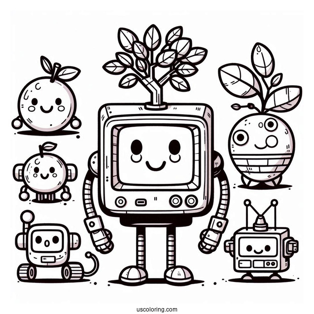 Sprunki Coloring Page Of Mr. Fun Computer, Tree, Simon, Orange, Fun Bot, Clukr, And Raddy