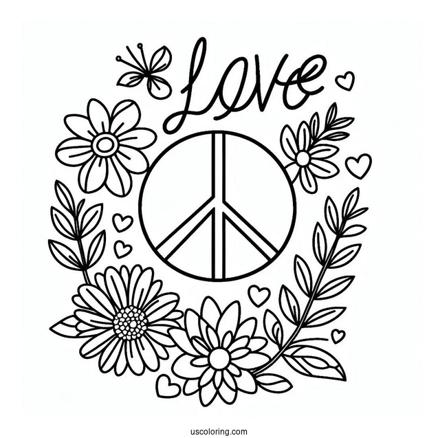 Love Word With Peace Coloring Page Sign And Flowers
